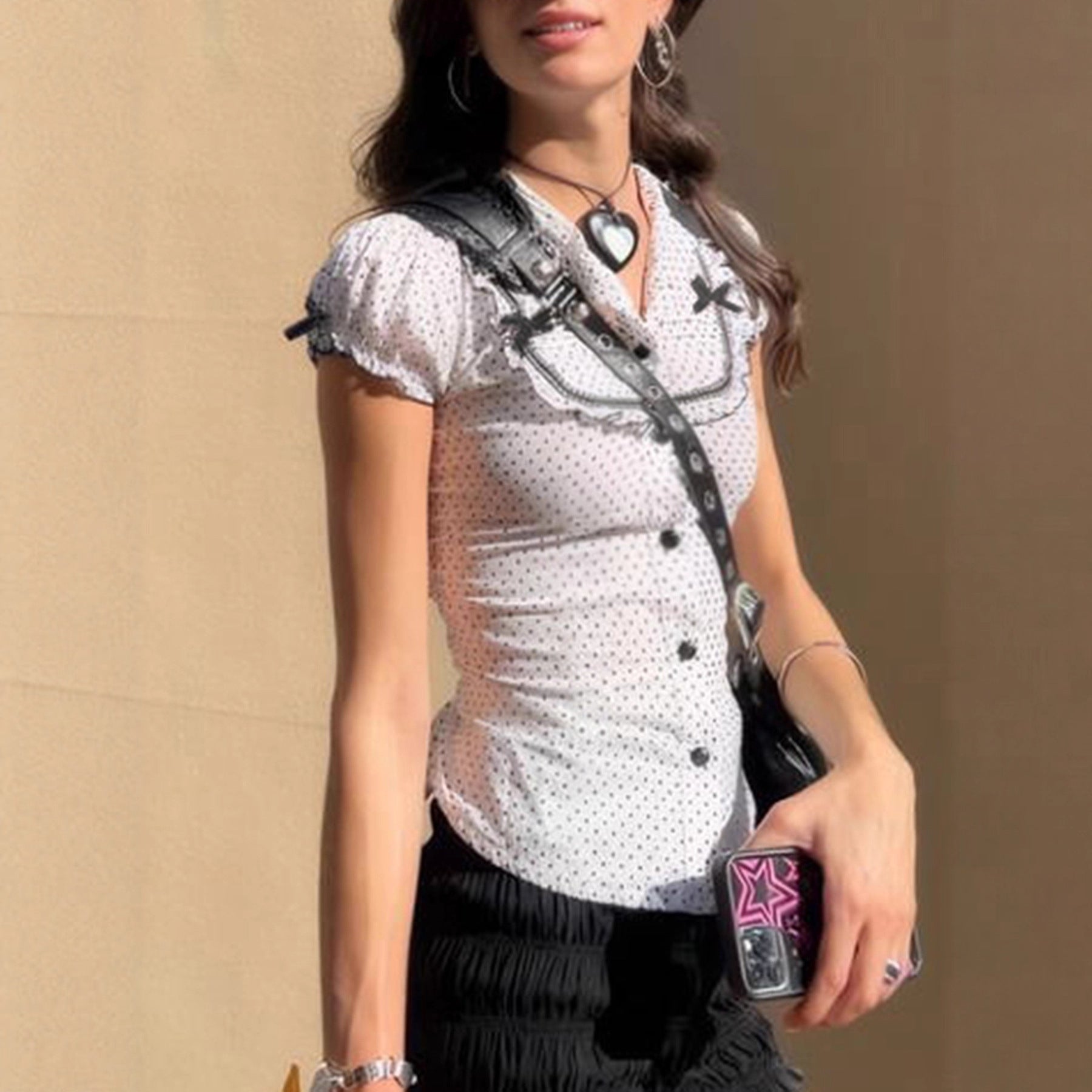 French Girl Bow Stitching Polka Dot Shirt