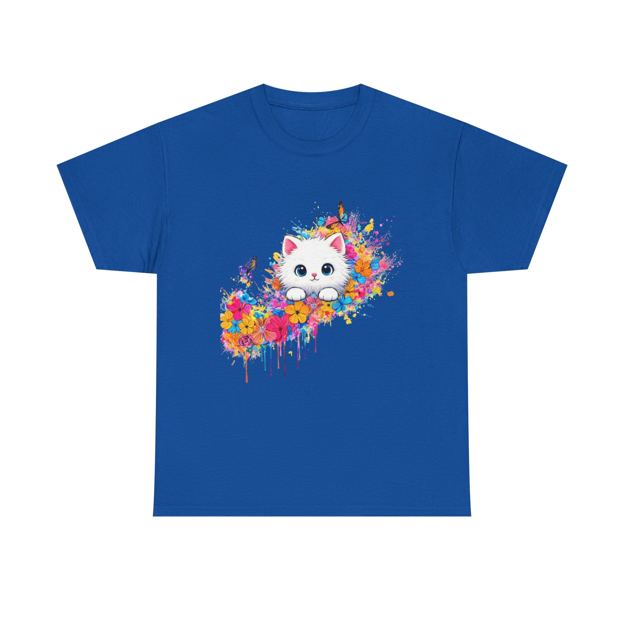 Colorful Watercolor Cat T-Shirt | Cute Kitty Splash, Butterflies