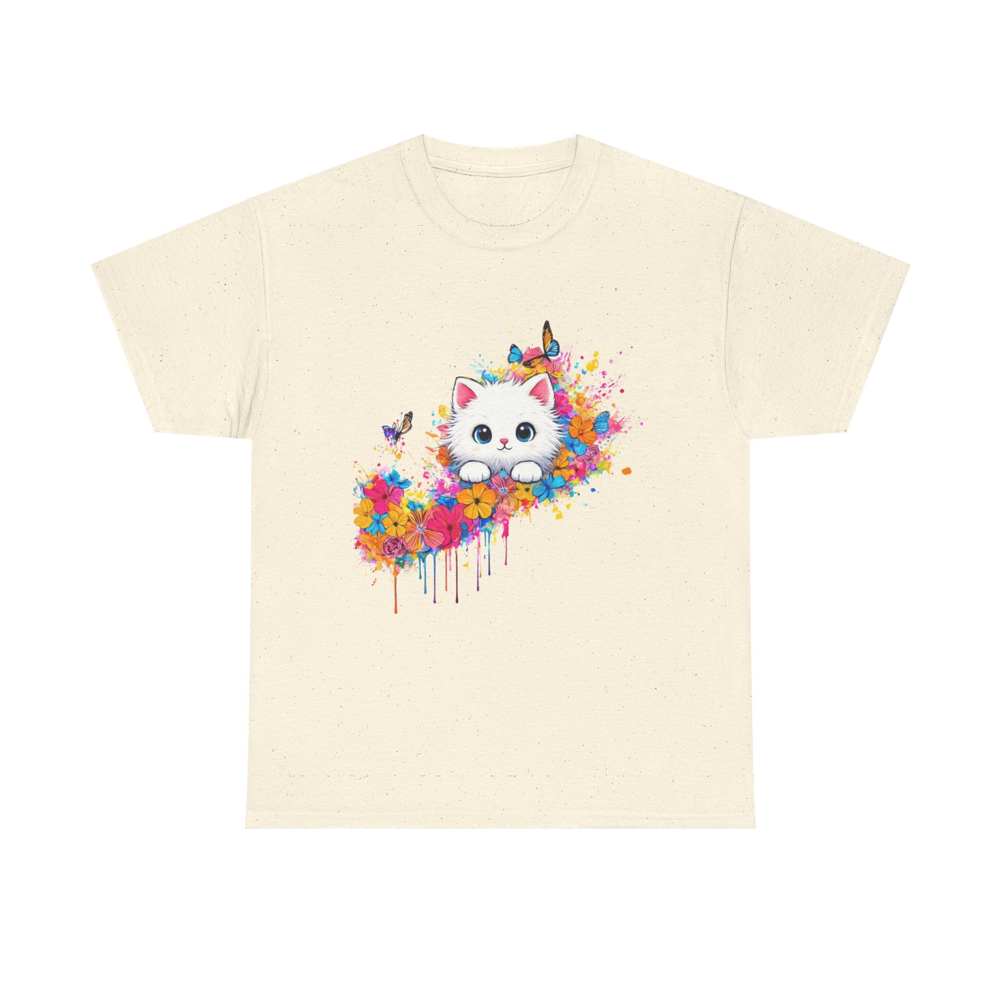 Colorful Watercolor Cat T-Shirt | Cute Kitty Splash, Butterflies