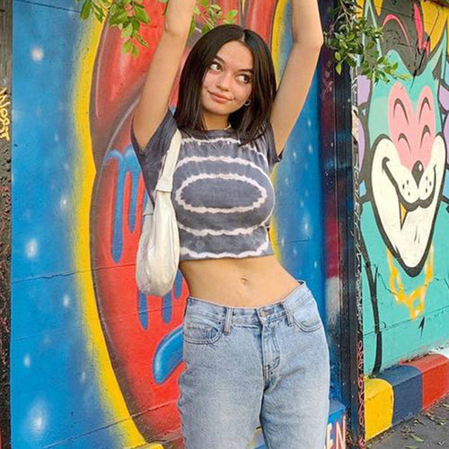 Aliexpress Foreign Trade Spring New Tie-Dye Gradient Color Round Neck Gray T-Shirt Female Slim Pullover Short-Sleeved Top