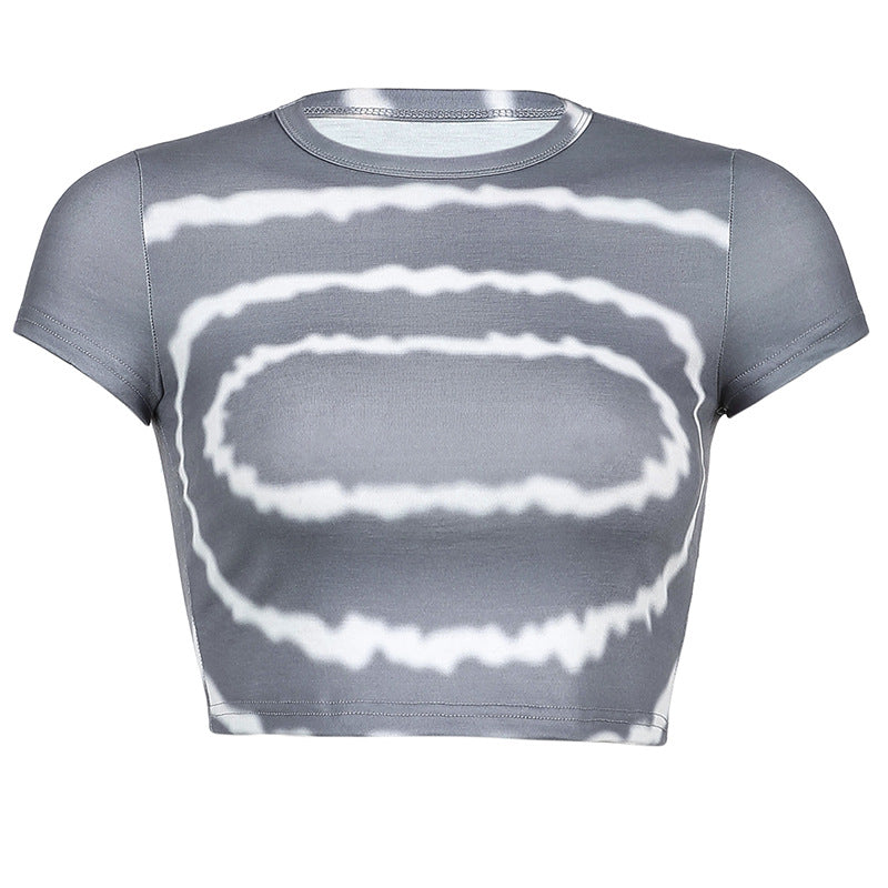 Aliexpress Foreign Trade Spring New Tie-Dye Gradient Color Round Neck Gray T-Shirt Female Slim Pullover Short-Sleeved Top