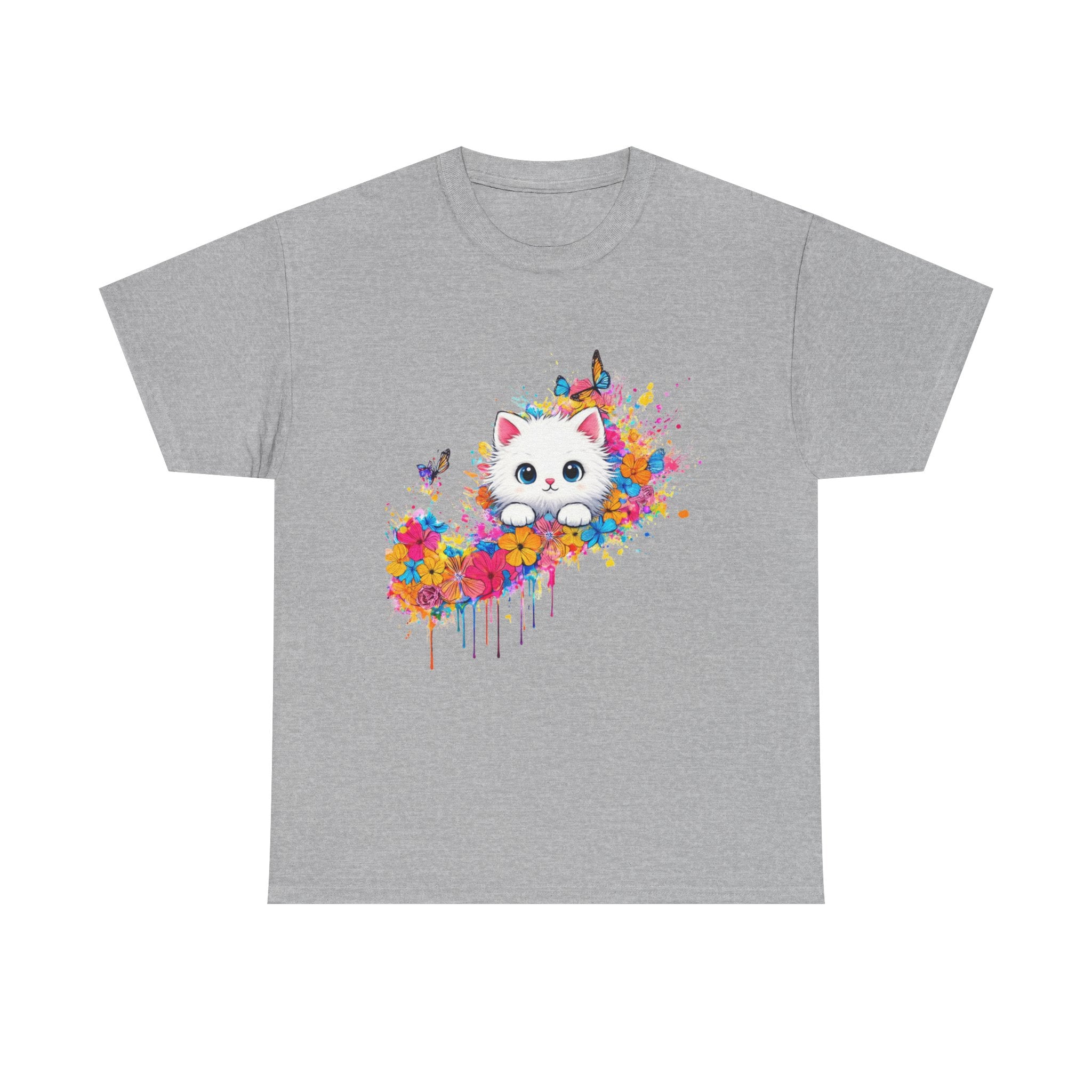 Colorful Watercolor Cat T-Shirt | Cute Kitty Splash, Butterflies
