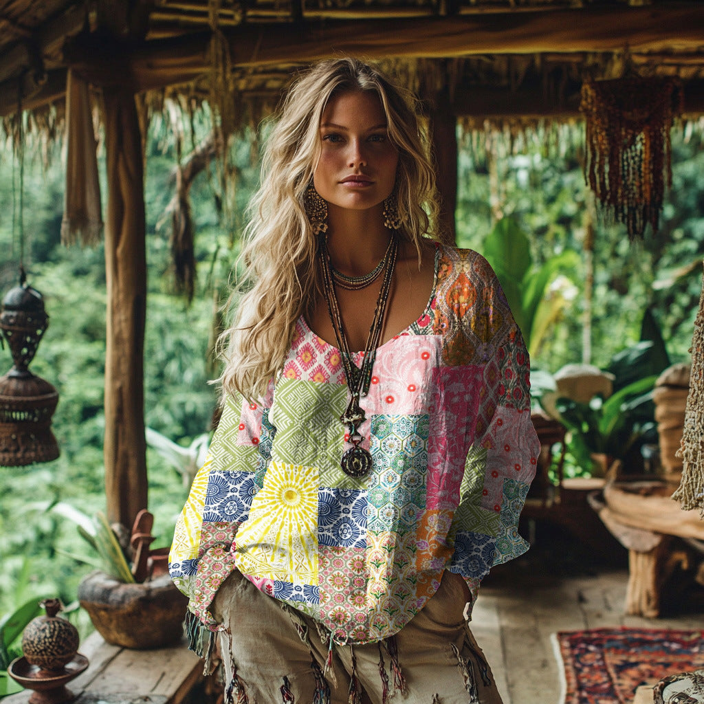 Digital Print Women's Round Neck Retro Bohemian Top