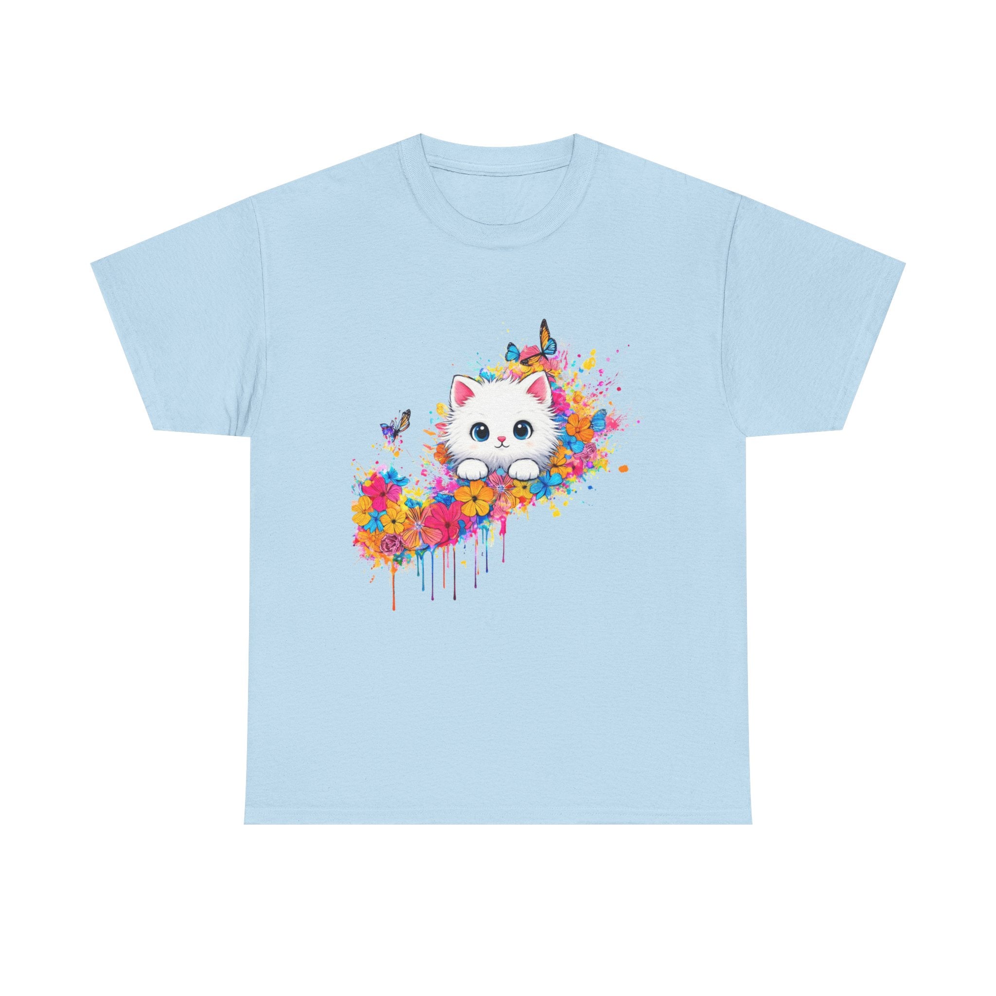 Colorful Watercolor Cat T-Shirt | Cute Kitty Splash, Butterflies