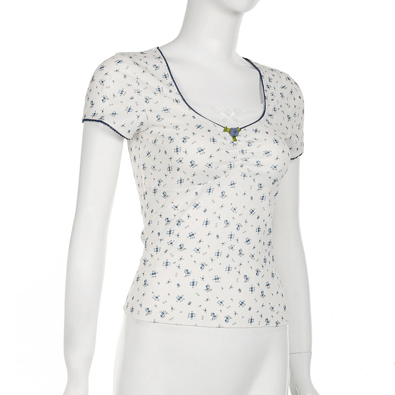 Lace Stitching Square Collar Pleated Bow Short Sleeve T-shirt