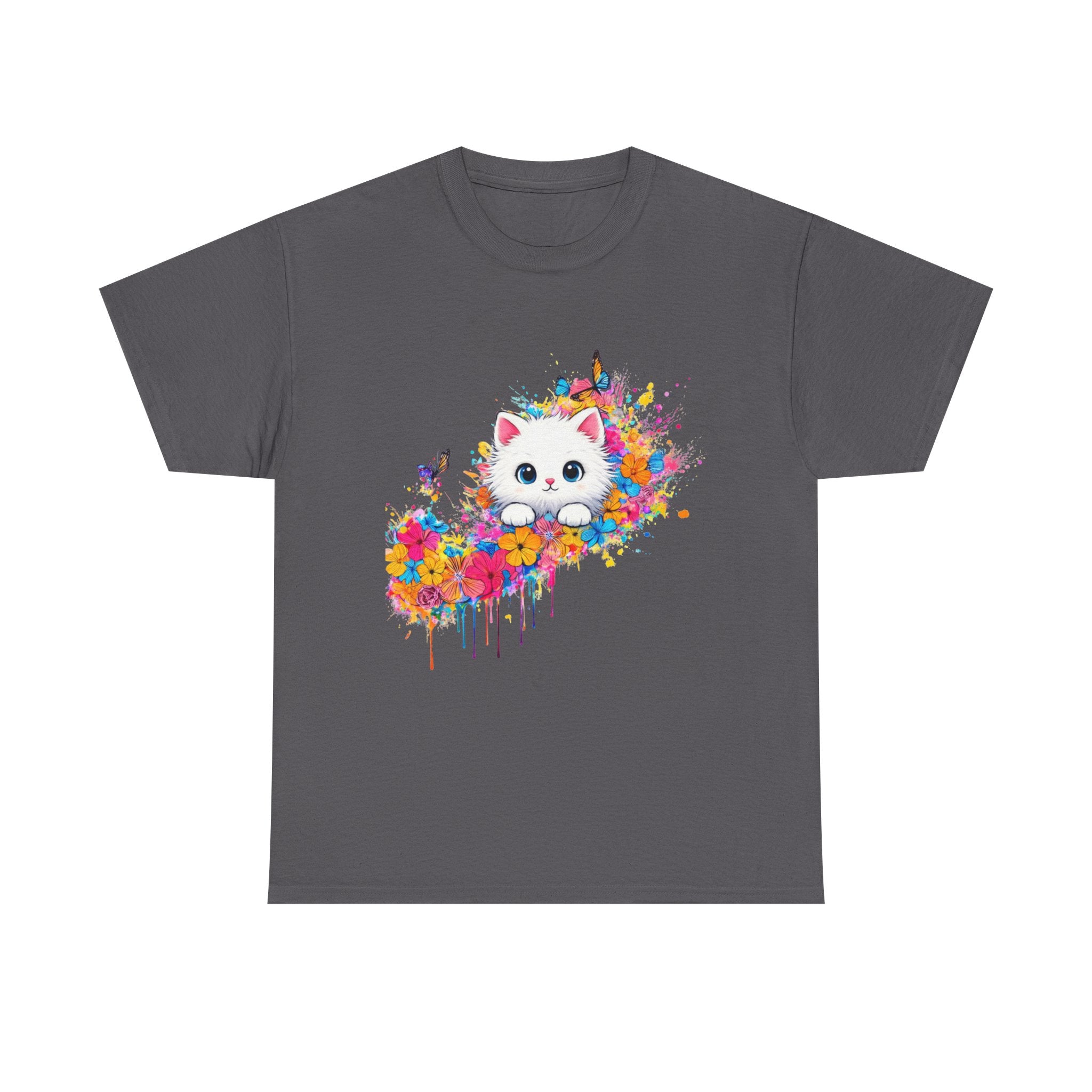 Colorful Watercolor Cat T-Shirt | Cute Kitty Splash, Butterflies