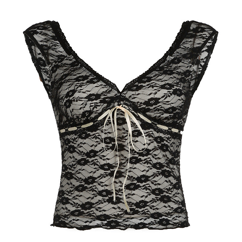 Hot Girl Style V-neck Slim Fit Bare Back Self-tie Lace Sleeveless T-shirt Top