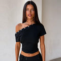 Asymmetrical Off-shoulder Design With A Fitted Waist For Slimming Effect Short Sleeves