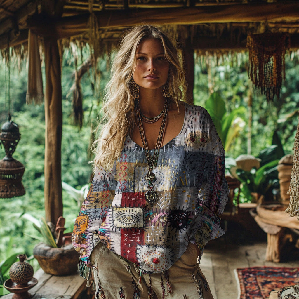 Digital Print Women's Round Neck Retro Bohemian Top