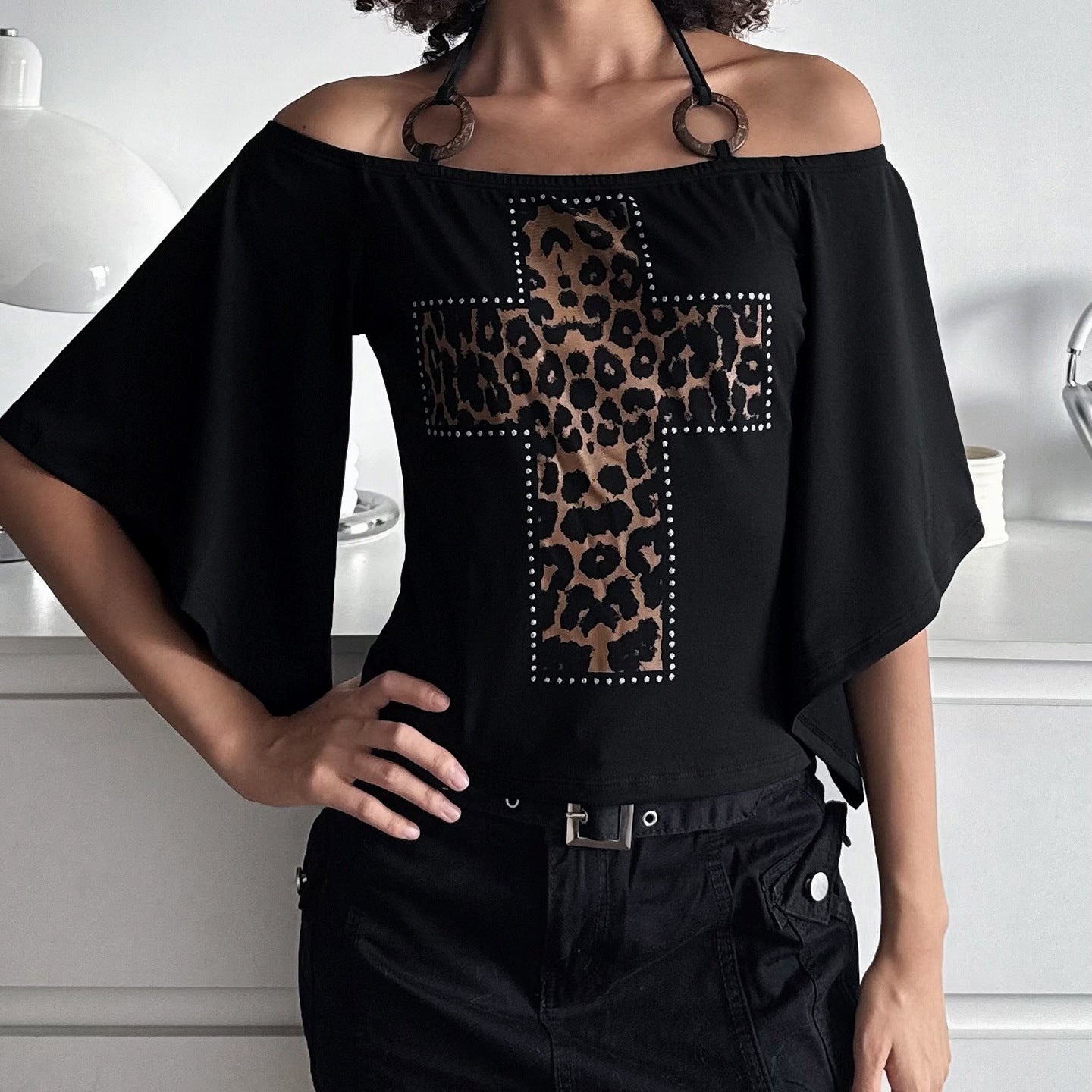 Retro Sassy Cross Leopard Print Halterneck Top With A Low Cut Neckline