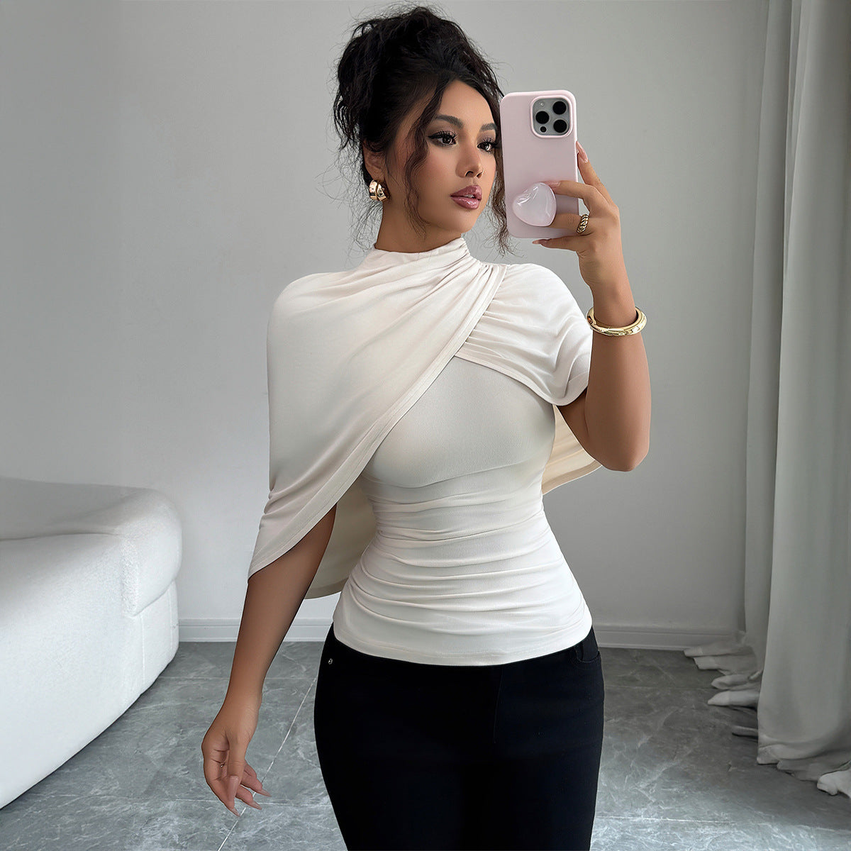 Solid Color Shawl Short-sleeved T-shirt Women's Autumn And Winter Advanced