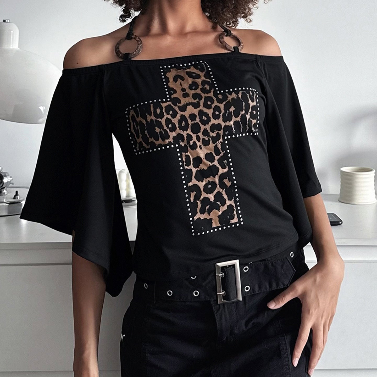 Retro Sassy Cross Leopard Print Halterneck Top With A Low Cut Neckline