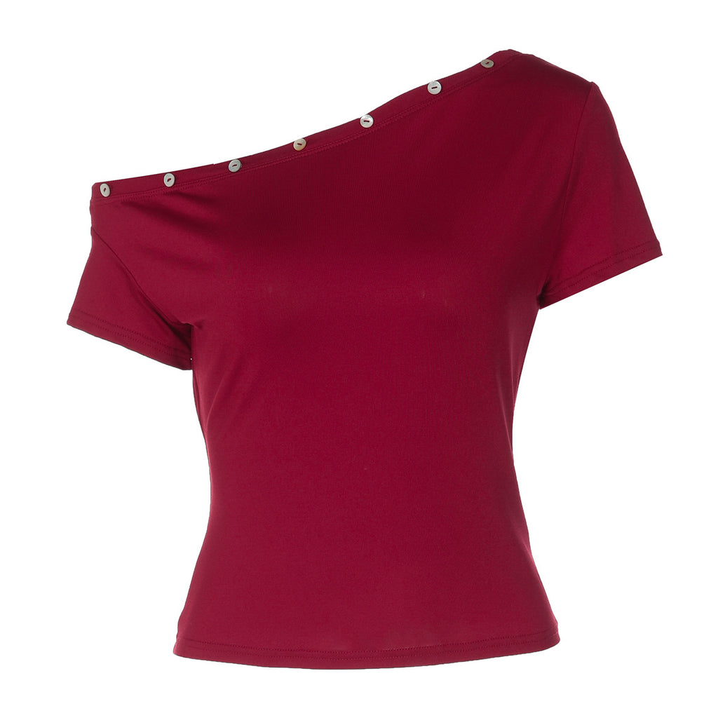Asymmetrical Off-shoulder Design With A Fitted Waist For Slimming Effect Short Sleeves